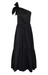 The Alana Dress by Hunter Bell features a self-tie one-shoulder neckline adorned with a striking bow to add a touch of sophistication and flair. The dress has a fitted waist that accentuates the silhouette, while tiered seams create beautiful flow and movement throughout the maxi-length skirt. Black maxi dress.