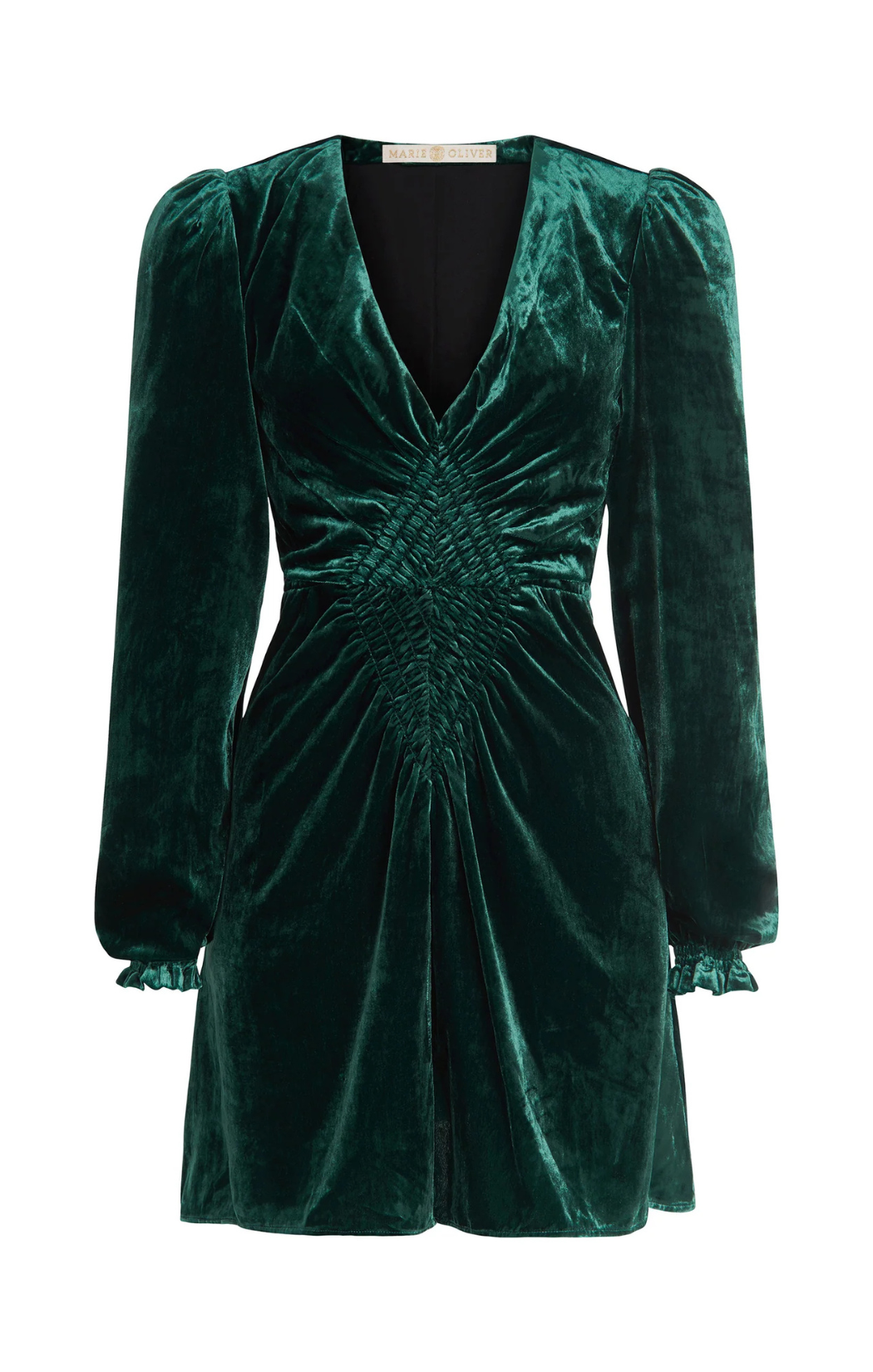 emerald green velvet mini dress eliza marie oliver holiday long sleeve cinched diamond front 