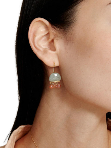 elsie earring Drop earring with a half moon aquamarine stone and sunstone fringe. By Chan Luu.