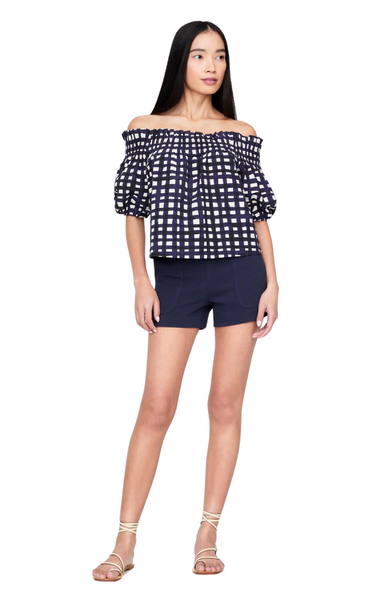 Marie Oliver Printed Off The shoulder top blouse marine blue and white Elodie Top