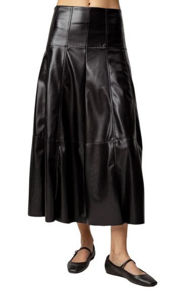 black vegan leather sundays fit and flare skirt midi