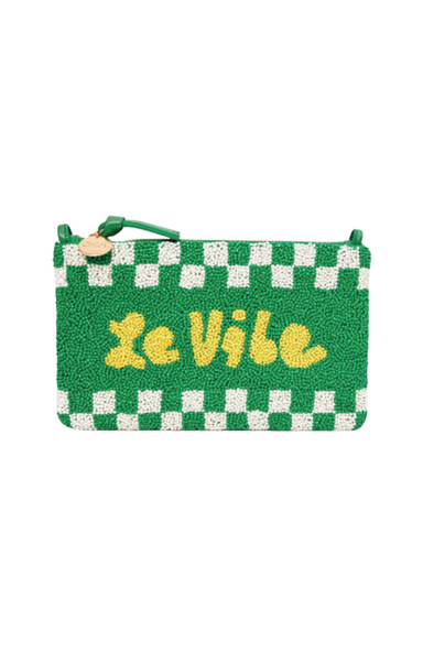 clare v le vibe wallet clutch green white checkered bag beaded