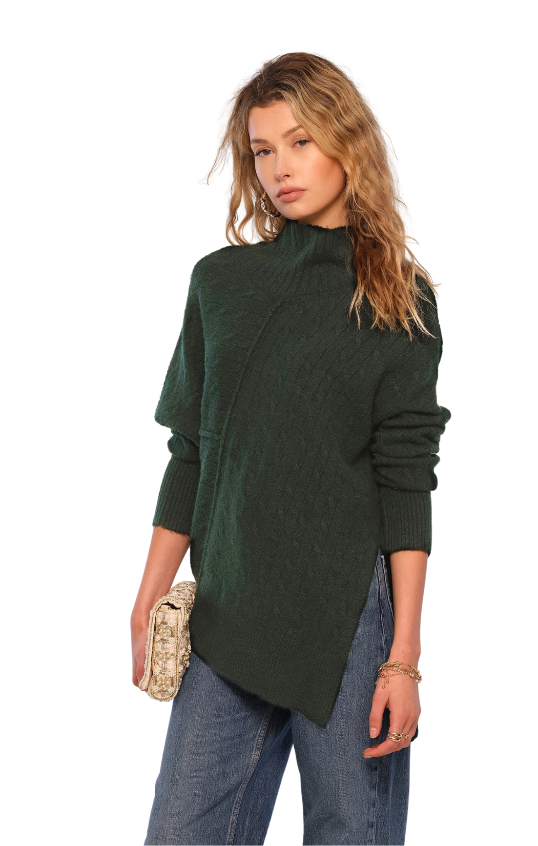 green long sleeve asymmetric hem sweater mock neck cable stitch