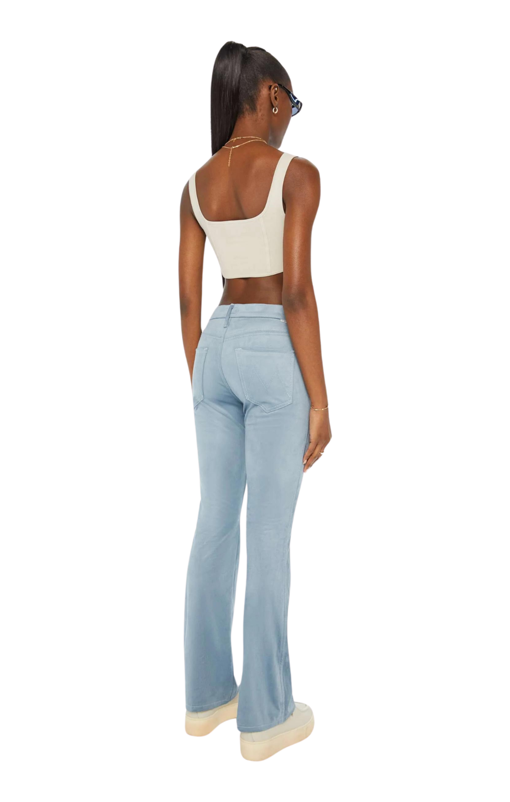 faux suede blue jean pant denim MOTHER the desperado high rise flare