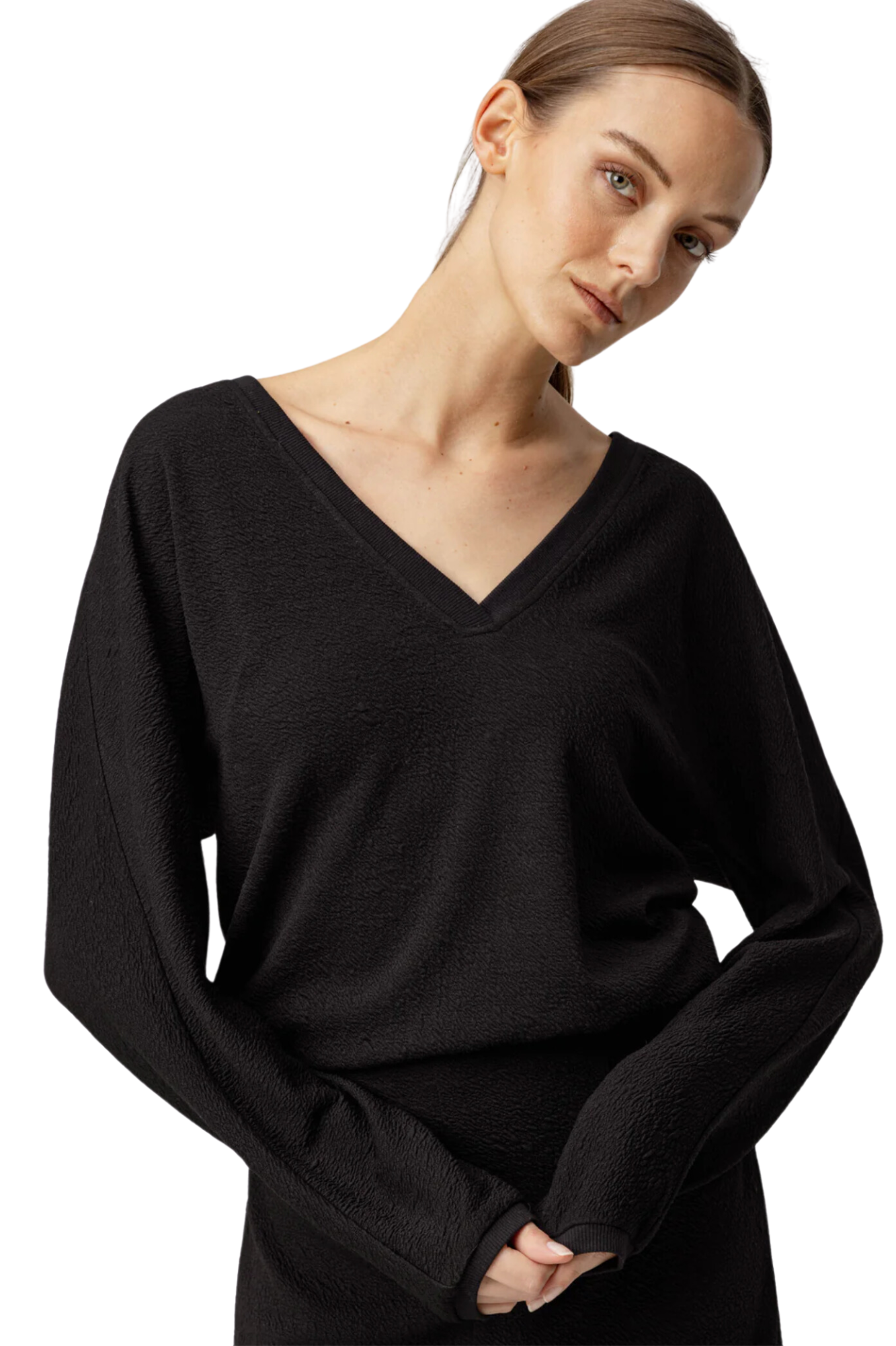 dawn pullover sundays black crinkle terry v-neck vneck sweatshirt top pullover long sleeve