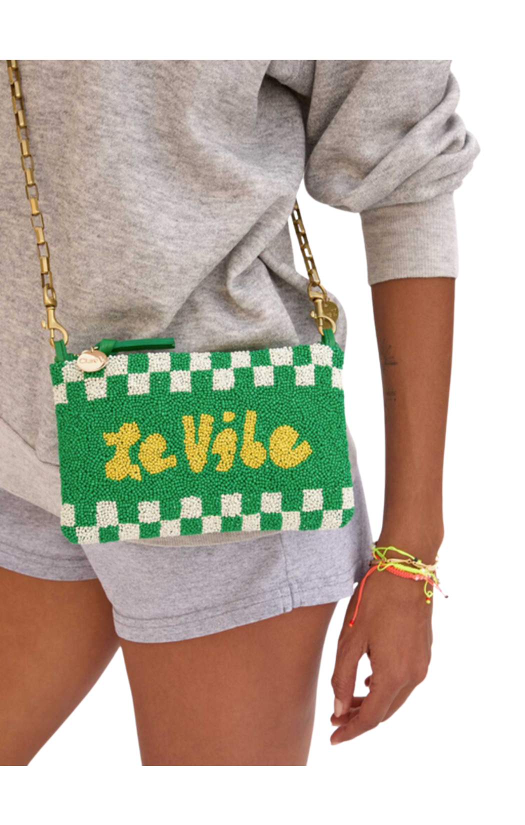 clare v le vibe wallet clutch green white checkered bag 