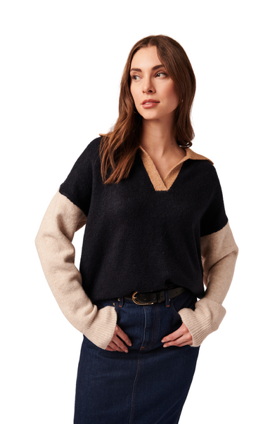 Raelyn Color Block Johnny Collar Sweater features a trendy color block design and a comfortable, relaxed fit. The unique johnny collar