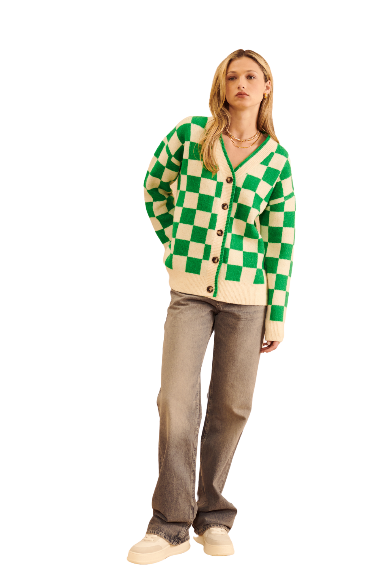 john and jenn lawson cardigan checkered sweater green cream button front v-neck