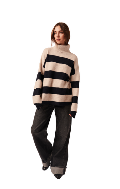 tan and black striped turtleneck oversized sweater line the label bronx