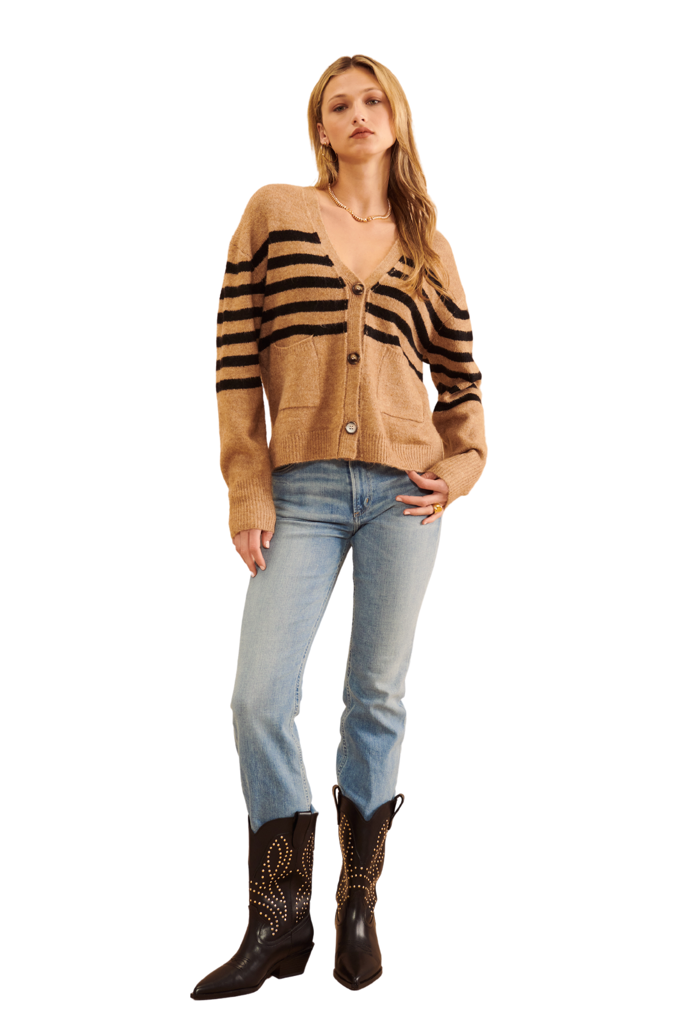 tan and black camel striped cardigan john and jenn v-neck long sleeve pocket front