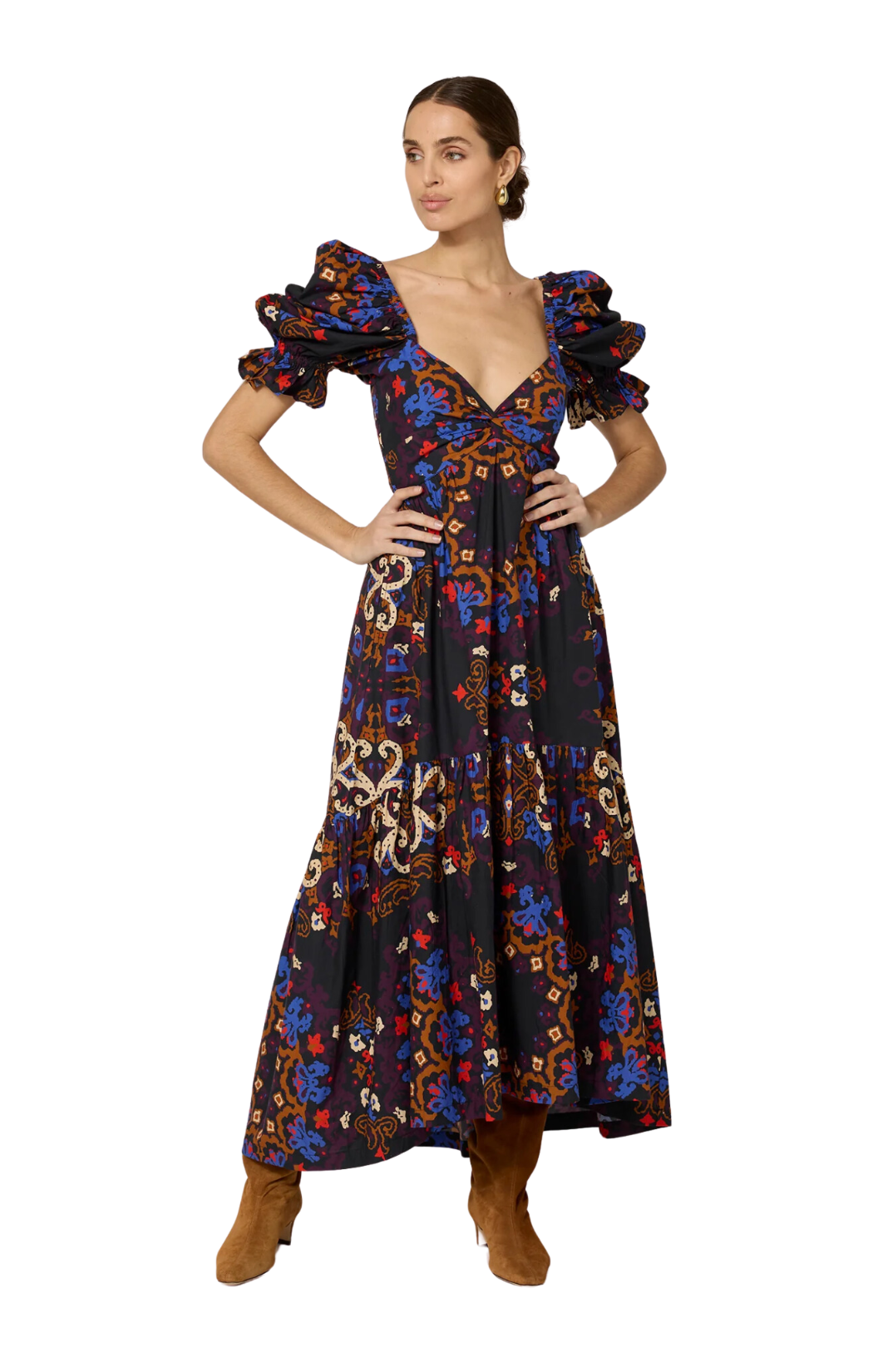 venezia print jewel ankle dress puff sleeve v-neck cleobella pockets