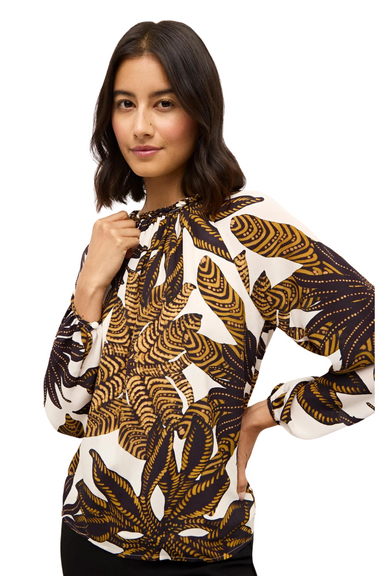 marie oliver piper agave print blouse yellow brown leaves tropical long sleeve