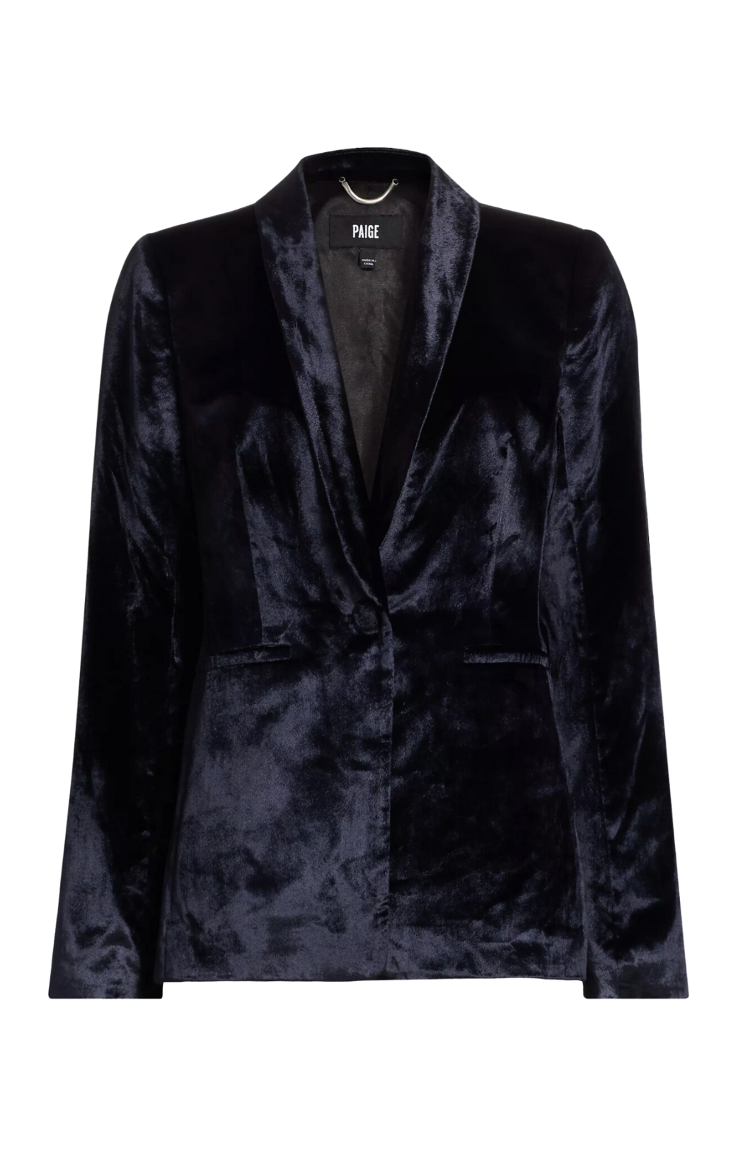 paige kriselle blazer luxuriously soft black high shine drapey velvet, this luxe jacket features a shawl collar, welt pockets, and a self-covered button