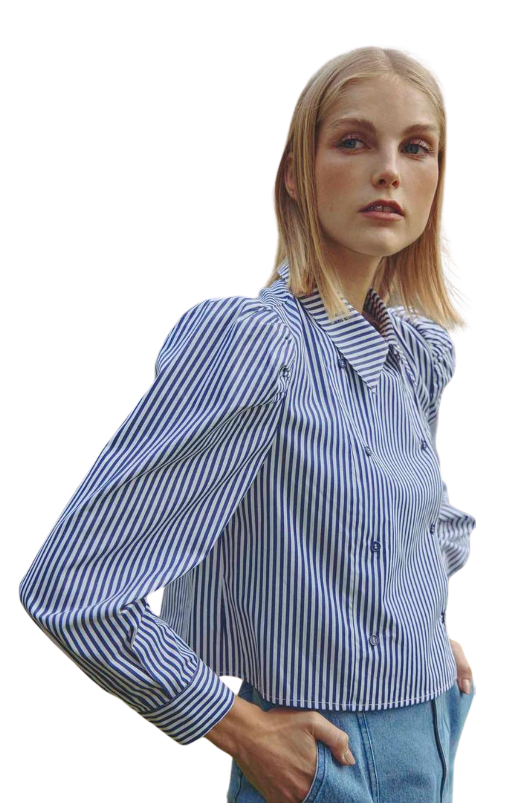 Hunter bell cropped long sleeve navy striped annette shirt puff sleeve collared 