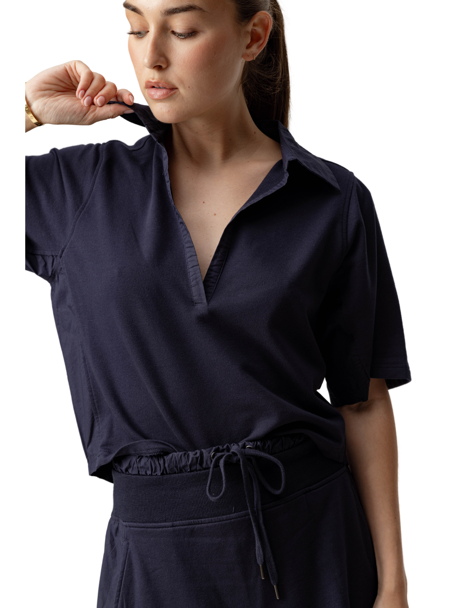 sundays navy venus popover top split neck french terry