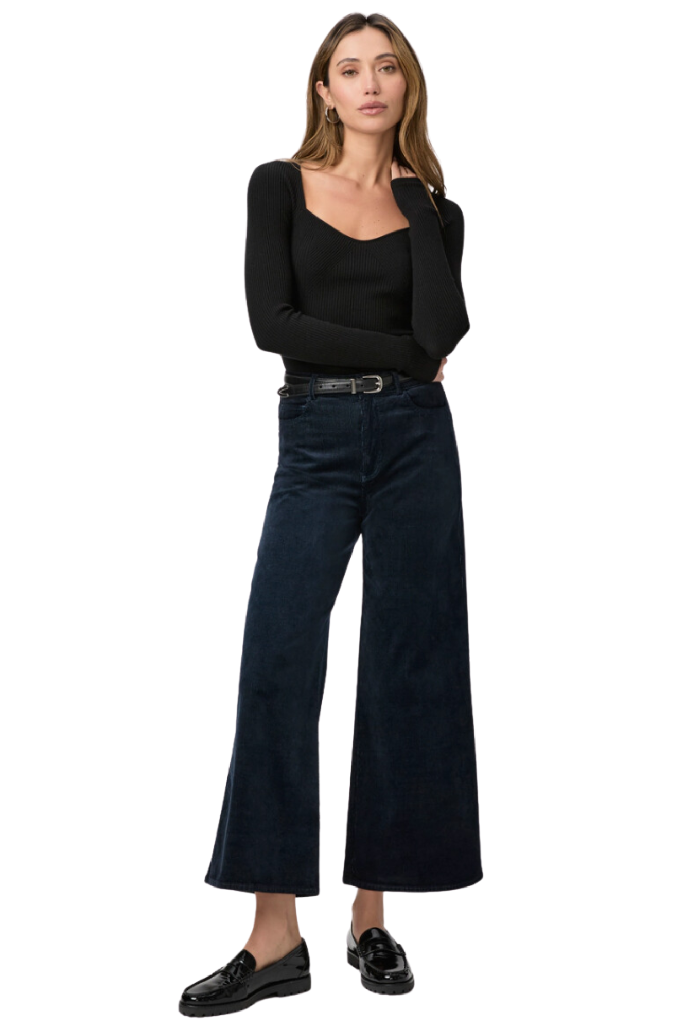 high-rise and a cropped ankle length silhouette. This on-trend style is cut from ultra-soft velvet corduroy in navy blue paige harper ankle