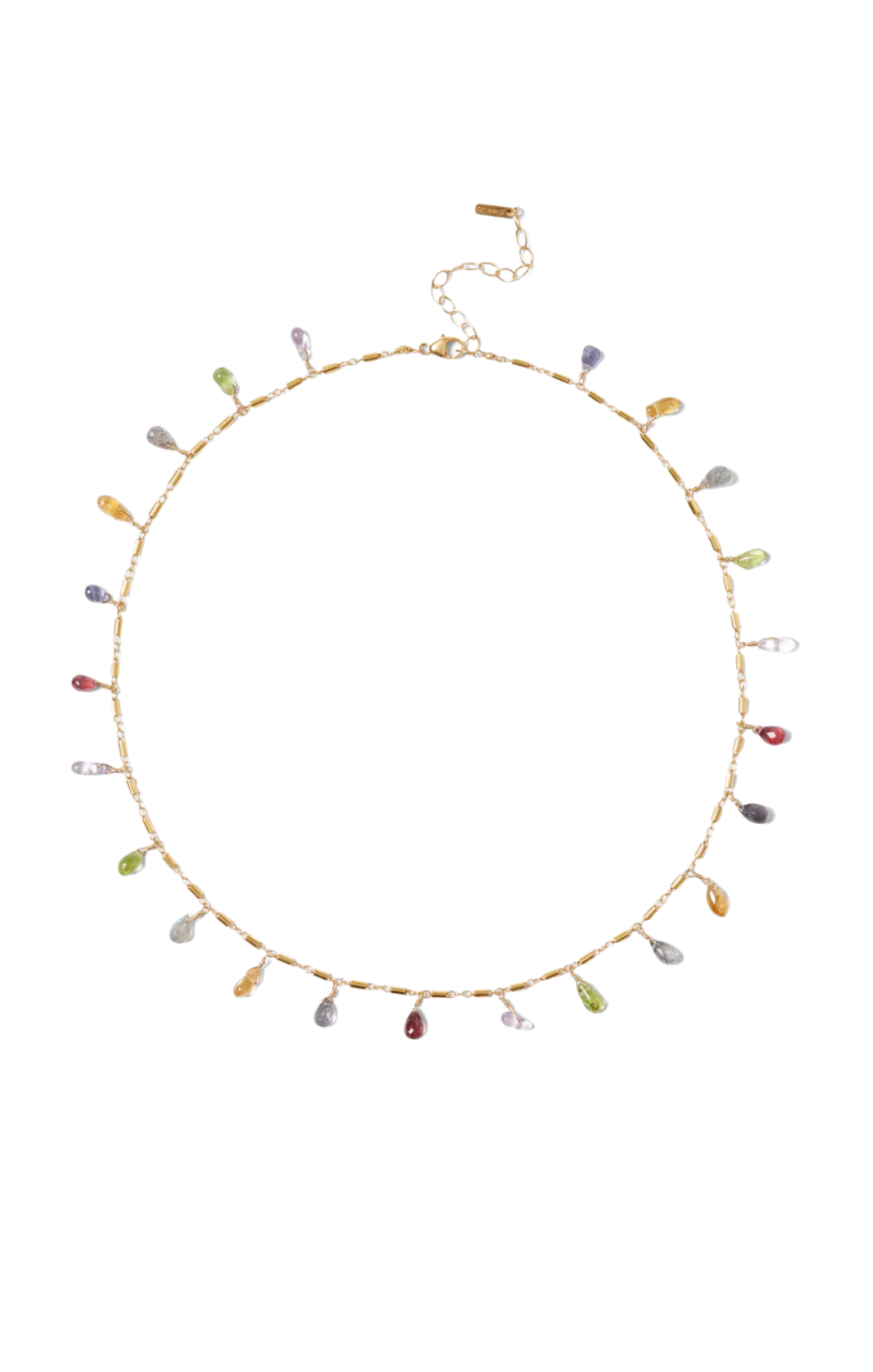 18k gold plated necklace features iolite, peridot, amethyst, citrine, labradorite, and garnet briolettes with gold tube beads bala necklace chan luu