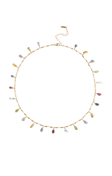 18k gold plated necklace features iolite, peridot, amethyst, citrine, labradorite, and garnet briolettes with gold tube beads bala necklace chan luu