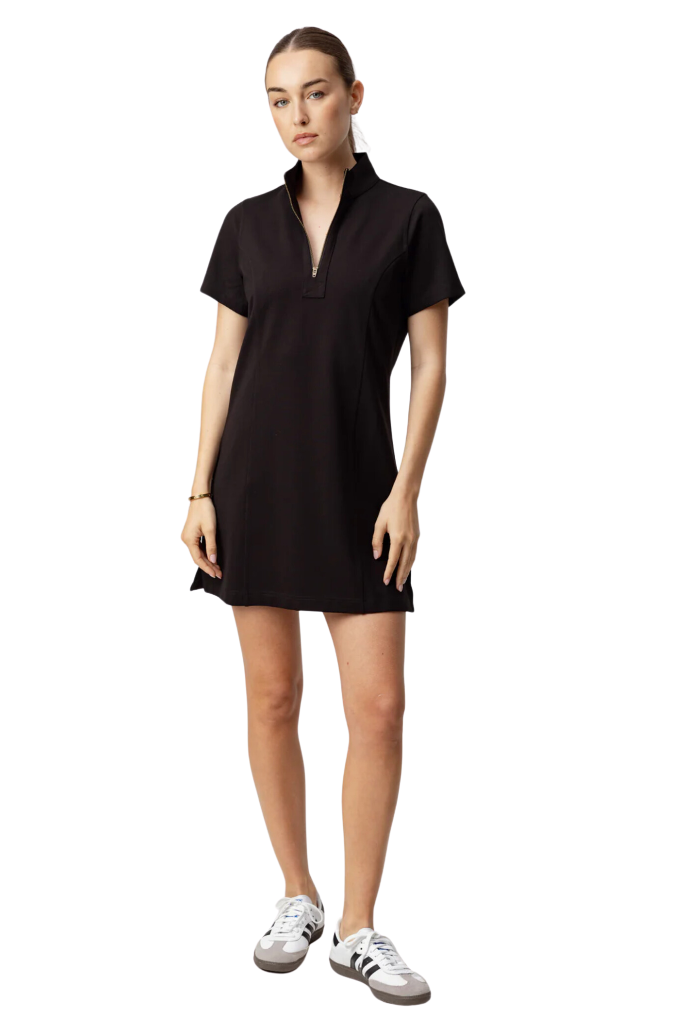 Sundays evalina black mini shift short sleeve dress 1/4 zip 