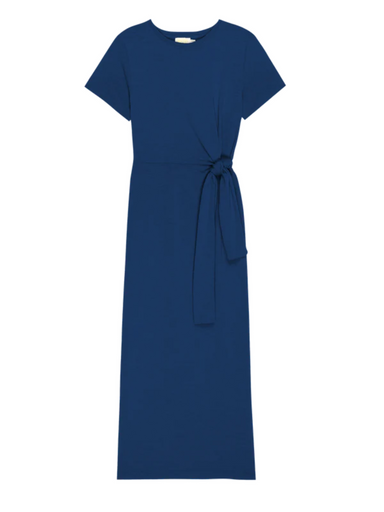 Blue midi t-shirt dress short sleeves. An elegant knot detail adds an understated flourish to a cotton-jersey dress complete with a flirty side slit. By Nation LTD.